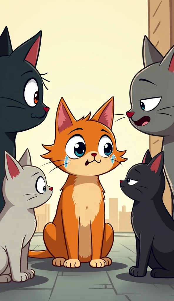 Create a cartoon type cat is bullied by other cats and crying