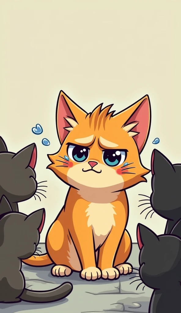 Create a cartoon type cat is bullied by other cats and crying