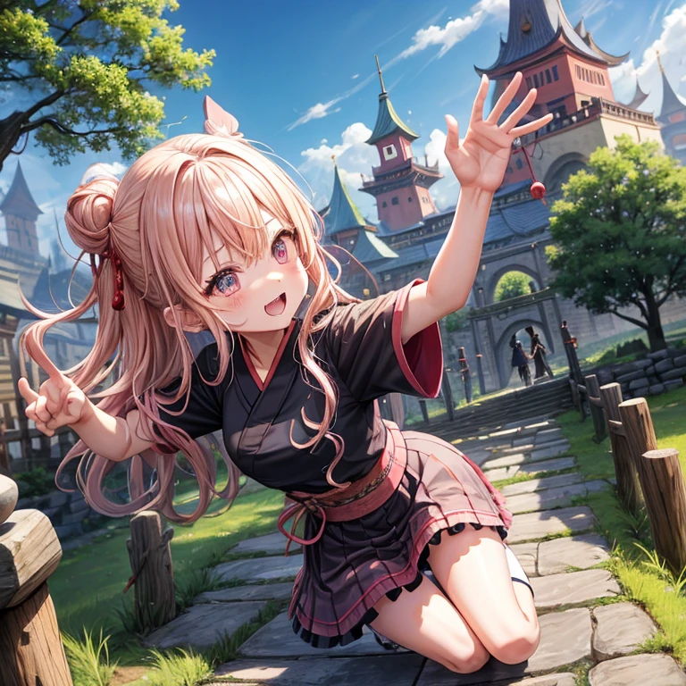 Pink Blonde、Red eyes、Wavy Hair、Hair tied up、Two cute、Checked mini skirt、black t-shirts、kimono、China、Frills、Knee-high socks、Teeth are visible、Monster Castle、Tilting face、grass、Stones are growing out of the ground.、In front of the city gates、Underground tunnels、Wooden bridge、The stone is cracked、Ashura Statue、Giant wood、Round、There is a step on the ground