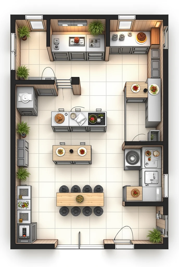 Kitchen layout planning for business restaurant
1. Receiving area
2. Storage area
3. Cooking area
4. Dishwashing area
5. Preparation area
6. Pantry area
7. Dispatching area
8. Washing area
9. Assembly area
10. Garbage/Disposal area