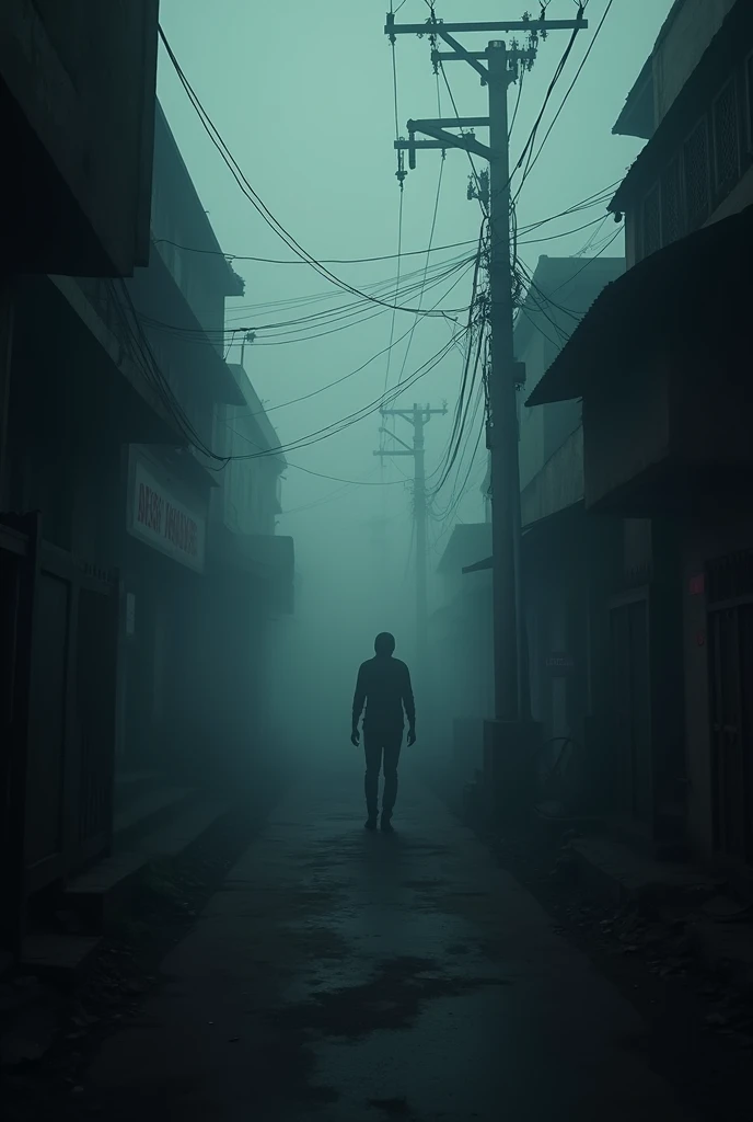 A dimly lit street in the R.C. Kar area of Kolkata, early morning mist, a shadowy figure moving in the background, a sense of foreboding, desolate urban setting