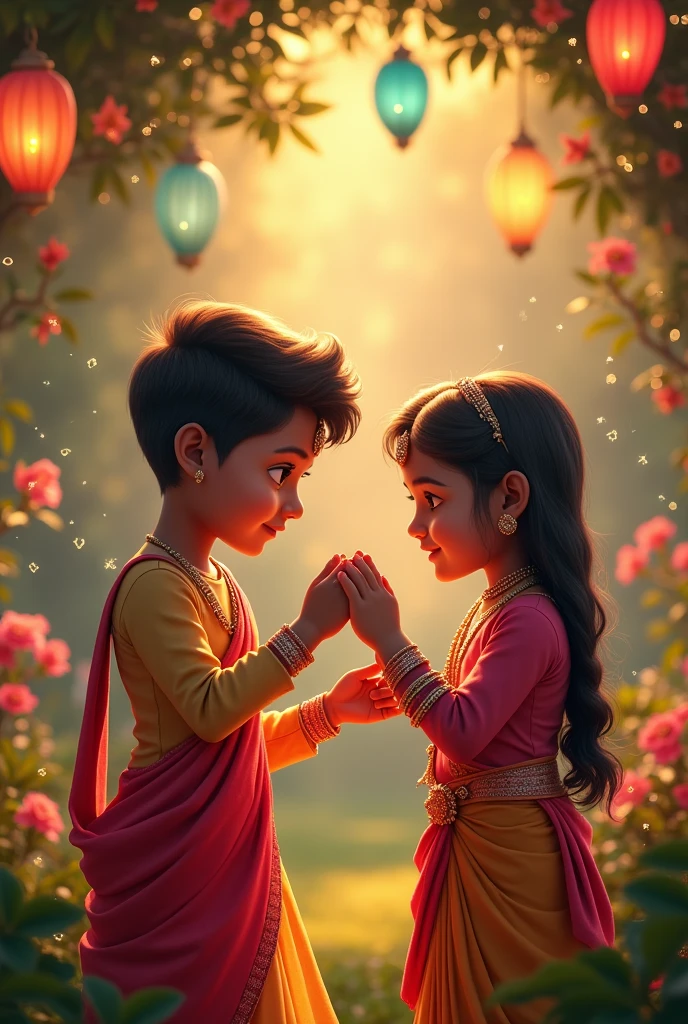 Magical gardens decorated with twinkling lights and colorful lanterns，Sets the mood for a heartwarming moment between an Indian brother and sister。. Sister gently ties the ragi on her brother，, Warm lights shining，Add a bit of dreamy atmosphere.