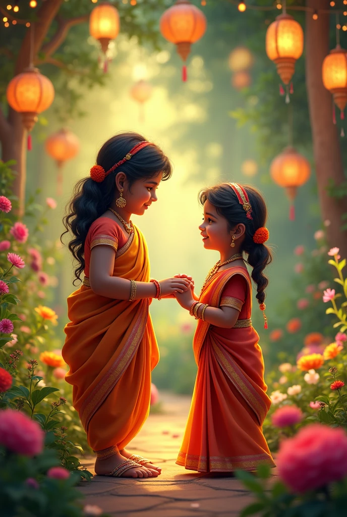 Magical gardens decorated with twinkling lights and colorful lanterns，Sets the mood for a heartwarming moment between an Indian brother and sister。. Sister gently ties the ragi on her brother，, Warm lights shining，Add a bit of dreamy atmosphere.