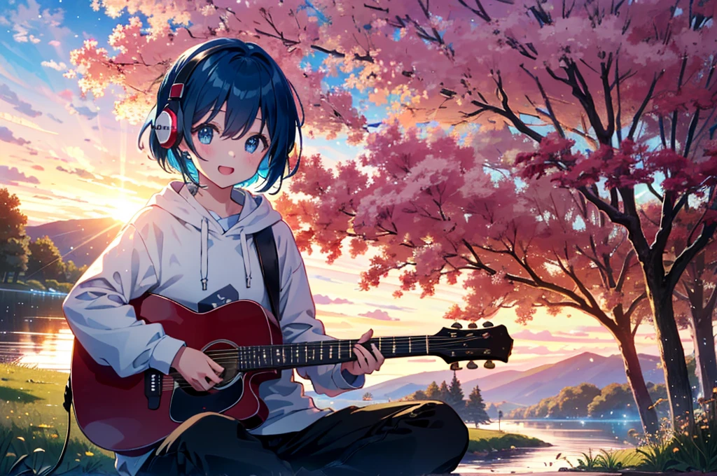 Absurd, High resolution,
relax time, Fantastical light particles, Lens flare,A big smile、Blue Hair、（Red headphones:1.4）、（White hoodie:1.2)、One girl、Sitting and playing guitar、（Wide angle of view:1.2）、(Shooting from a distance:1.2)、The river bank where the setting sun shines、One black cat、Cherry tree
