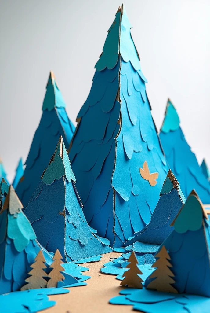 Make a mountain out of cardboard, have cut and paste, add color, Blue, mountain without house, Decorate by gluing cardboard to the mountain. Use 1 main tip, The rest are additional details added on top of the main peak..