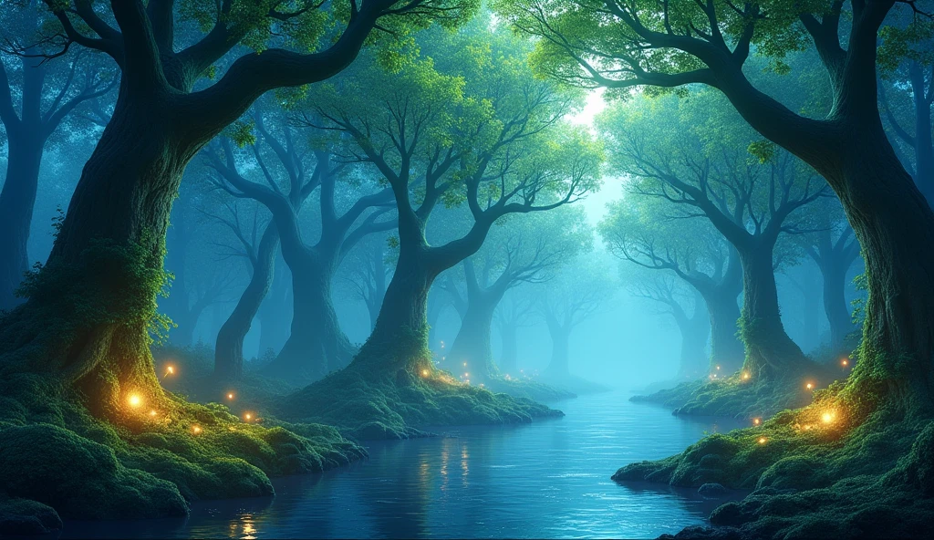 A magical forest filled with towering trees that have glowing blue and green leaves. Soft mist on the ground, small glowing orbs floating around, and a river running through the scene reflecting the light from the trees. The setting is serene and mystical, creating a calming effect.
