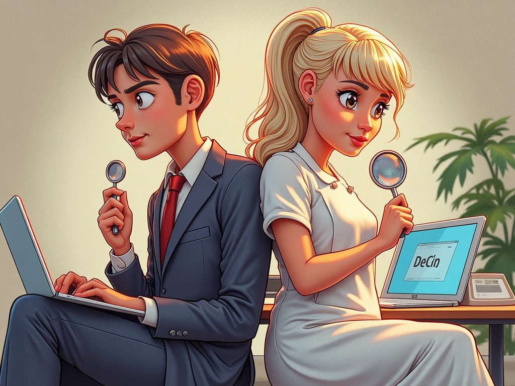 woman in doctors apron holding mouth mirror,man in formal wear using laptop,leaning back to back,white background,animated,highly detailed,photorealistic,8k,ultra-detailed,masterpiece,professional lighting,cinematic composition,vivid colors,warm color tones,dramatic lighting