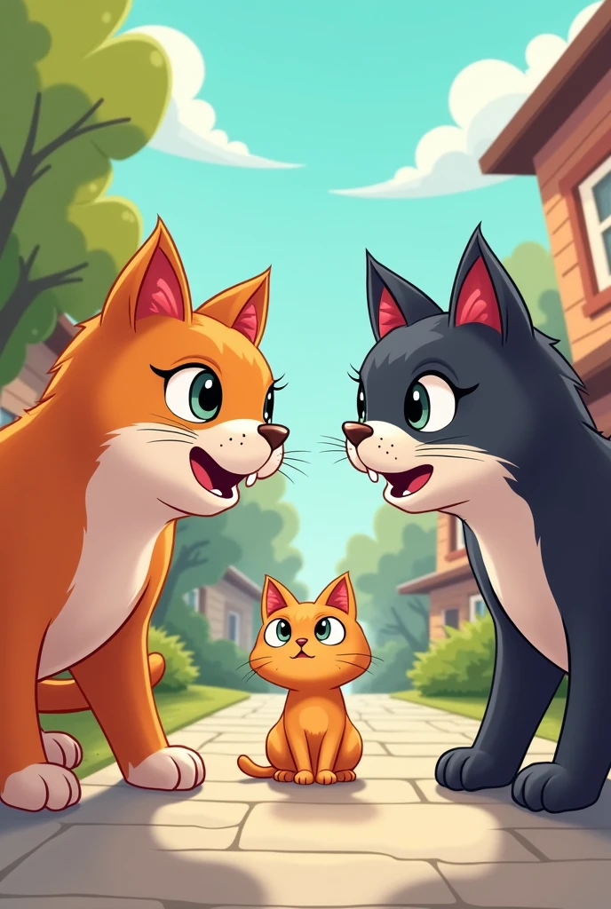 Create a cartoon type cute cat getting bullied by other strong cats