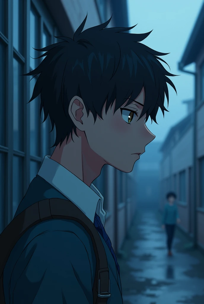has short, messy black hair that tends to fall over his sharp, dark brown eyes, thoughtful look. His skin is fair, and he's of average height for 30 yrs old, with a lean build that suggests the awkwardness of adolescence, anime style, school atmosphere,blue palette, full body look, long distant shot school environment, side view, main character, tense situation, 30 yrs old, middle age, dull
