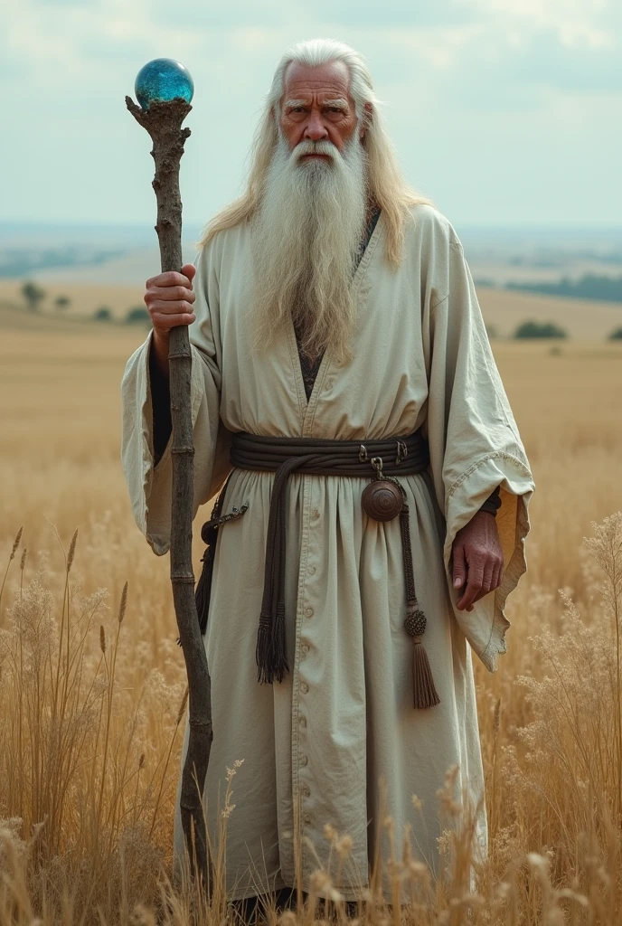 High Mage, strong appearance, older, straight white hair down to the shoulders, white beard down to the chest, very simple white dusty and very old tunic, simple oak staff with blue stone on top, in the background prairie