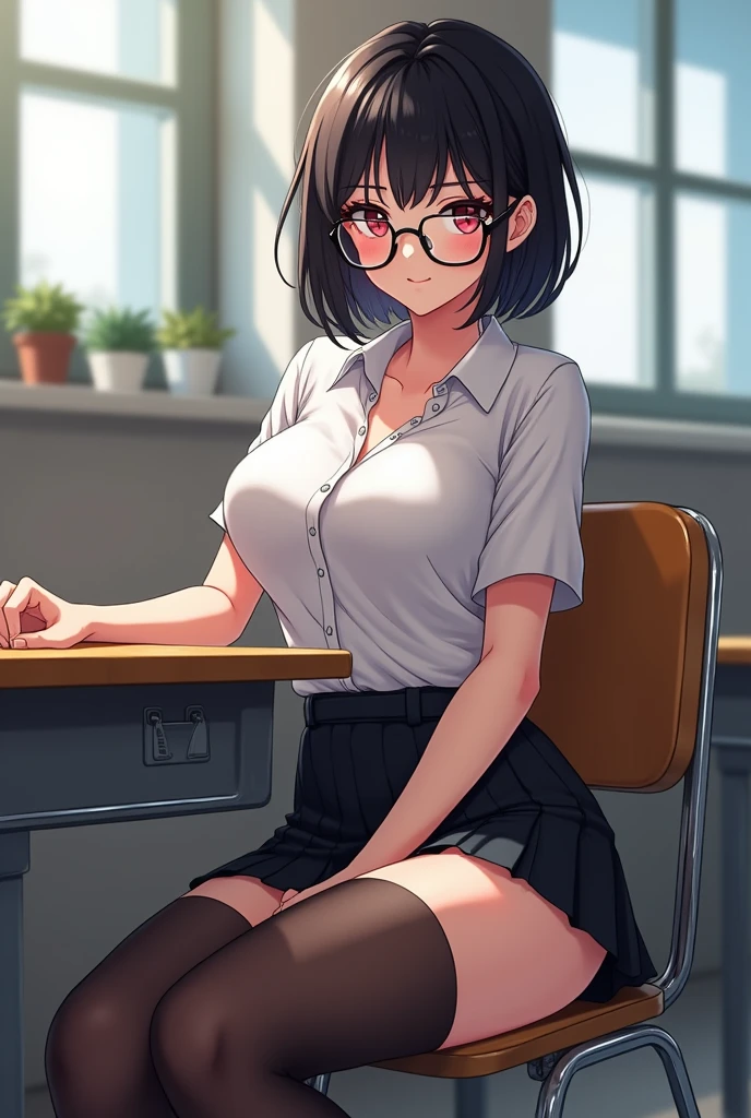 best quality, detailed), 1girl, solo, in classroom, sexy body, squinting, topaz, white shirt, black stockings, short black skirt, (horny face, ahegao face) glasses,Short hair,Sitting in the desk,ANIME ART,have a G cup breasts