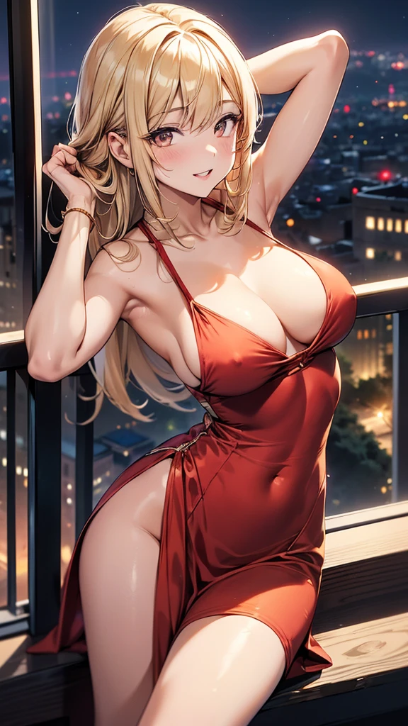 1girl, solo, bangs, long blonde hair, parted lips, medium breast, gold eyes, long hair, smile, solo, Women's red Satin Sleeveless Spaghetti Strap Mini Dress Sexy Slip Cowl Neck Silky Cocktail Party Dress, on the balcony, midnight cityscape background, arms behind head