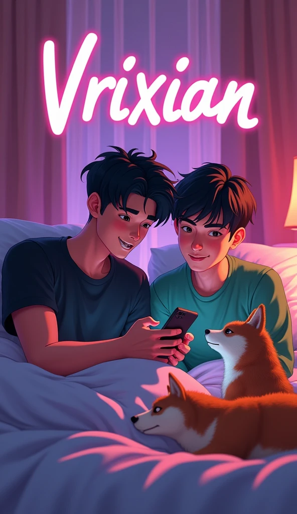 3d art style, A stylized bouncy font above that says "VRIXIAN", two teenage asian guy in bed, one wearing black shirt, hair is black, the black t shirt guy is buffed body built, the black shirt guy is a short haired, one is wearing green long sleeve, they both looking at the phone having live stream, besides them has Shiba Inu, dynamic bedroom in a morning,