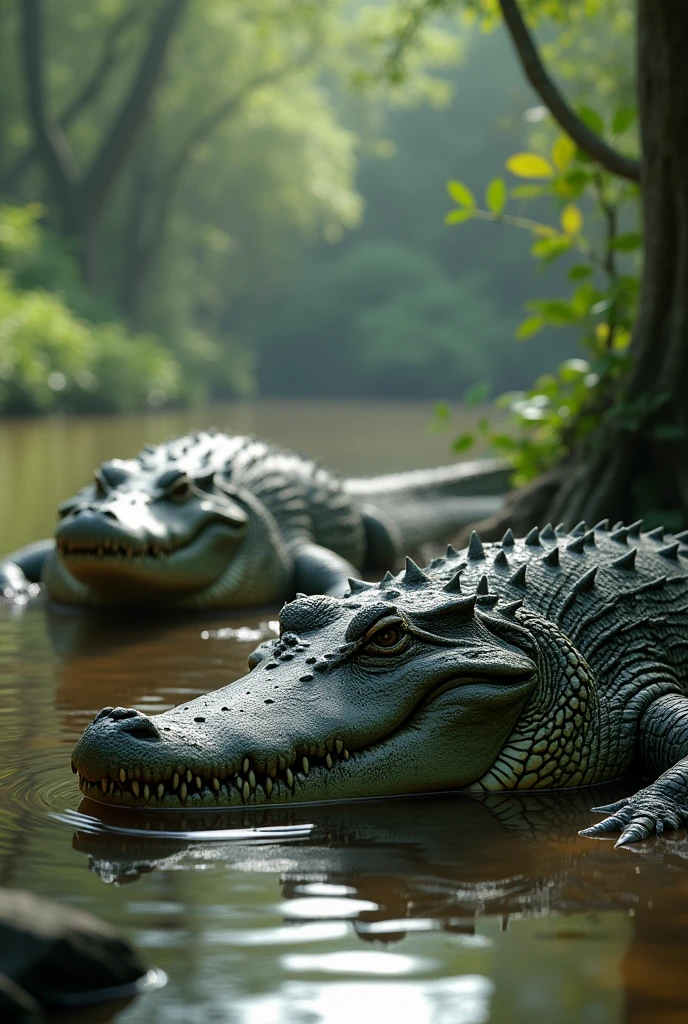 two crocodiles inside their home in river