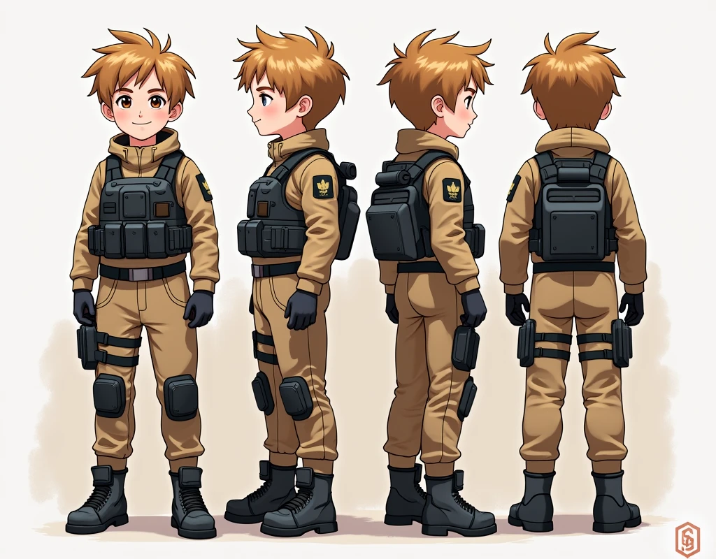 Standing boy, cute, 1 boy, , 4-sided design, Diagonals, front, back, profile, Head to body ratio 5, character sheet, whole body, simple background, Four perspectives, tactical gear, bulletproof vest, Good quality, high detail, Puppy Suin