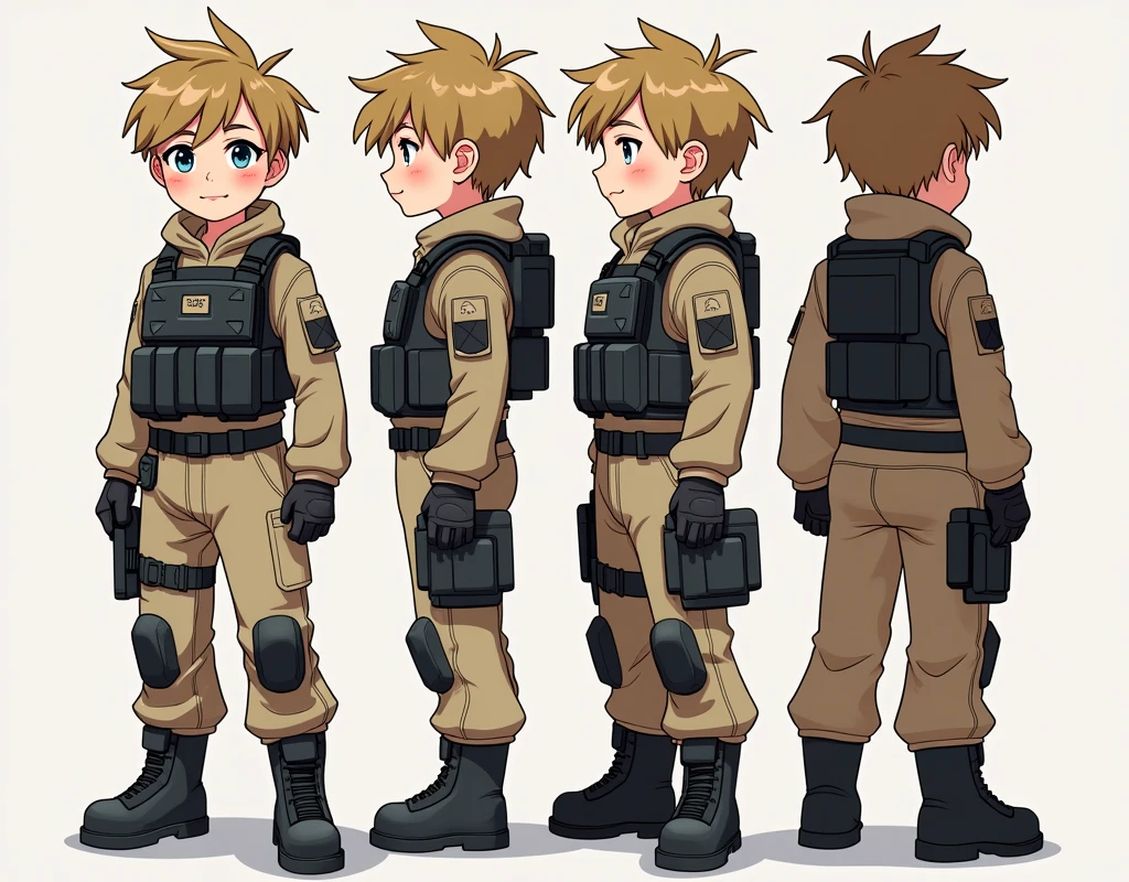 Standing boy, cute, 1 boy, , 4-sided design, Diagonals, front, back, profile, Head to body ratio 5, character sheet, whole body, simple background, Four perspectives, tactical gear, bulletproof vest, Good quality, high detail, Puppy Suin