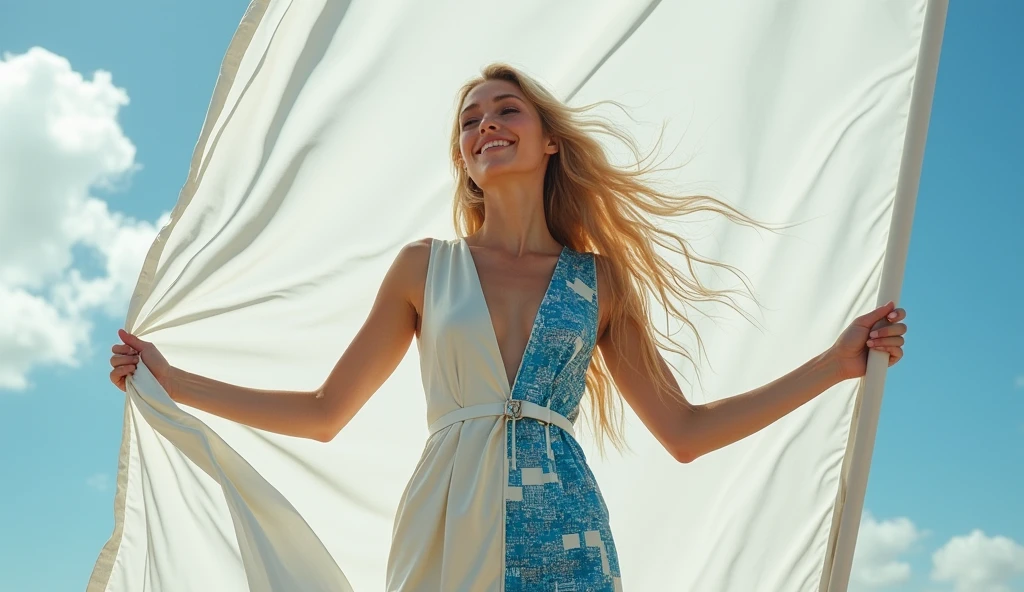 portrait, from face, a smiling singer, arms outstretched, full view of a 30 years old woman, very long blond hair, blue eyes, slim, A woman stands. At the side of a white large flag , she wears a futurist cream and blue dress made from a mix of printed circuit board alloy.
