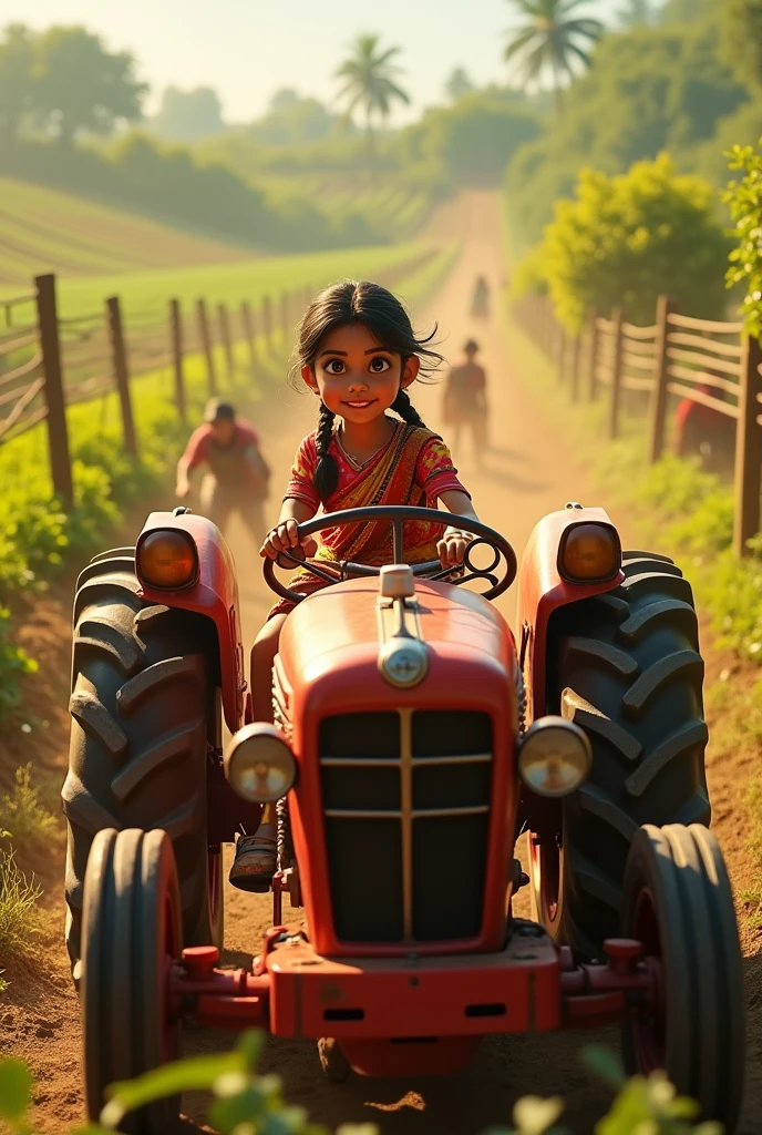 Indian girl in farm driving tractor with friends