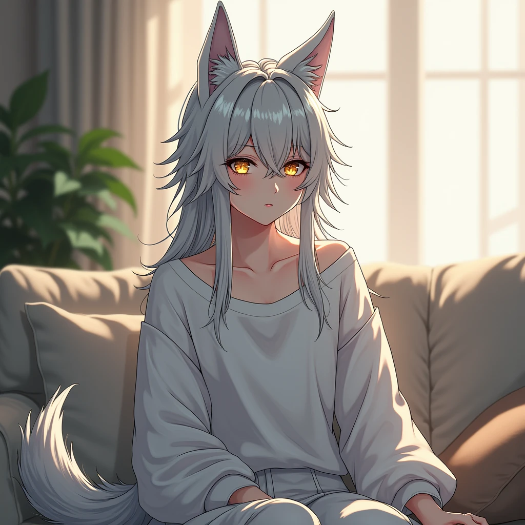 Anime, Demi-Human, Wolf, Long silver hair is a little messy, Gold eyes, white skin, wolf ears, Silver wolf tail, baggy shirt and pants, sit on the couch, 25 years