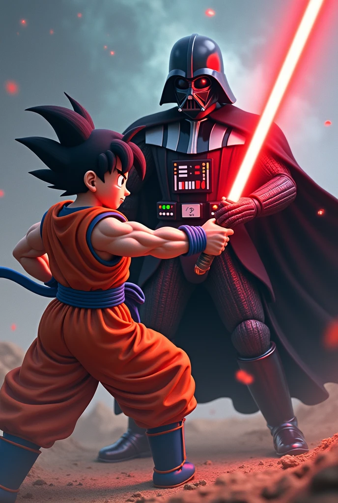 Son Goku fighting Darth Vader with a lightsaber 