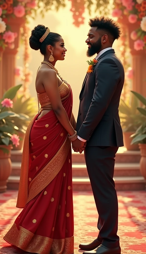 Newly wed couple, hot south indian slim milf with black twisted bun hair, big breast, big hip, big ass, thick thighs, woman wearing saree, indian couple, short brown man with afro haircut, big muscular body and beard, man wearing suit, in wedding stage, woman holding man hand, high resolution, looking at camera, front body view