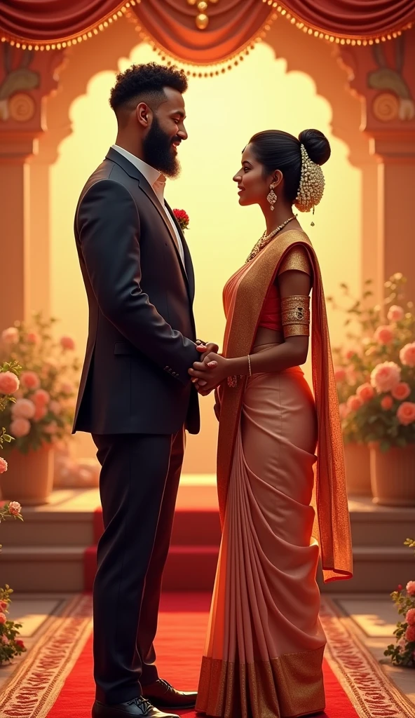 Newly wed couple, hot south indian slim milf with black twisted bun hair, big breast, big hip, big ass, thick thighs, woman wearing saree, indian couple, short brown man with afro haircut, big muscular body and beard, man wearing suit, in wedding stage, woman holding man hand, high resolution, looking at camera, front body view