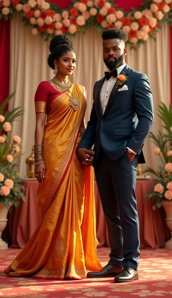 Newly wed couple, hot south indian slim milf with black twisted bun hair, big breast, big hip, big ass, thick thighs, woman wearing saree, indian couple, short brown man with afro haircut, big muscular body and beard, man wearing suit, in wedding stage, woman holding man hand, high resolution, looking at camera, front body view
