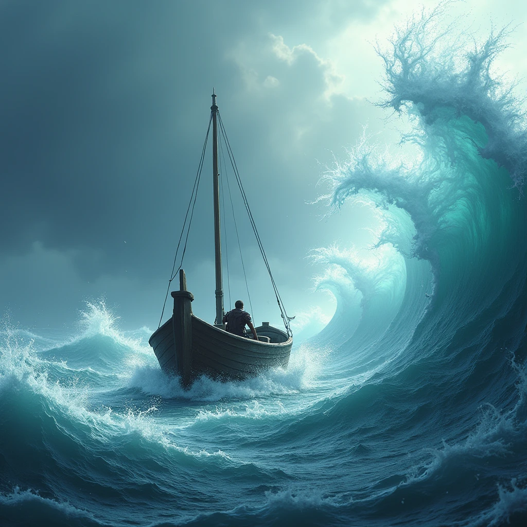 Boat in ocean with dangerous waves