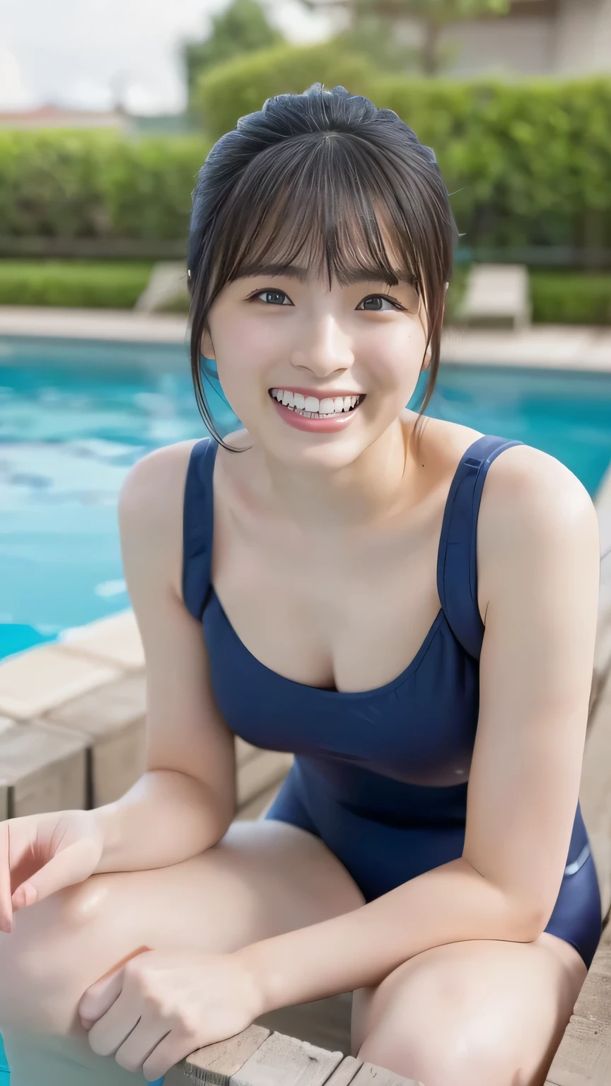 (8k、RAW Photos、Highest quality、masterpiece:1.2)、(Realistic、Realistic)、1 person、((Navy blue swimsuit:1.8、View from the front、smile、Looking into the camera 、smile、stand))、cute、Small breasts、Pool