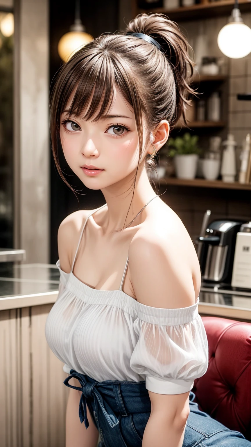 8K quality、High resolution、Realistic skin texture、High resolutionの瞳、Man sitting、Female cafe owner gets kissed on the ear by man、Brown long hair、、Ring piercing of the earlobe、A neat camisole、Dignified face、thin、Model body type、、A neat and clean woman、Off the shoulder、Up ponytail、