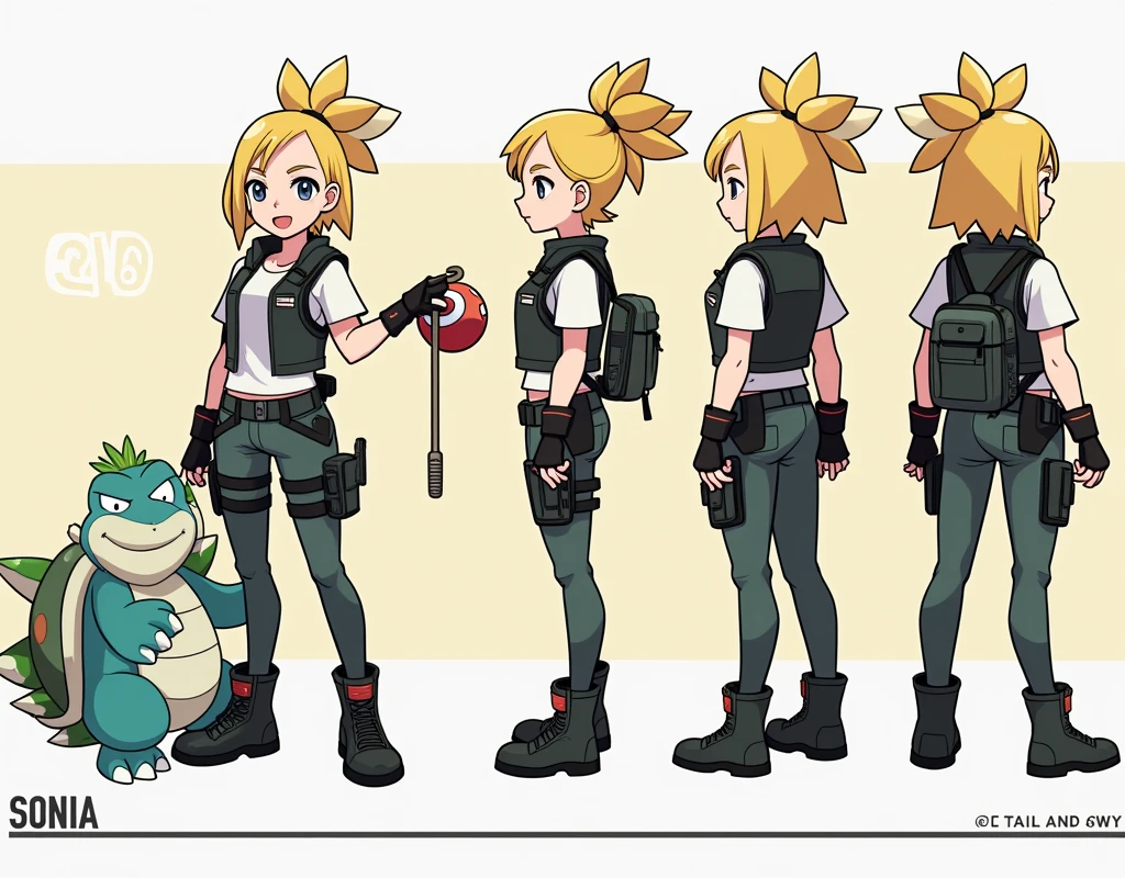 Sonia,pokemon,Standing Girl, cute, 1 girl, , 4-sided design, Diagonals, front, back, profile, Head to body ratio 5, character sheet, whole body, simple background, Four perspectives, tactical gear, bulletproof vest, Good quality, high detail, researcher,Pokemon bowser,ultra detailed, masterpiece, best quality, aesthetic, detailed