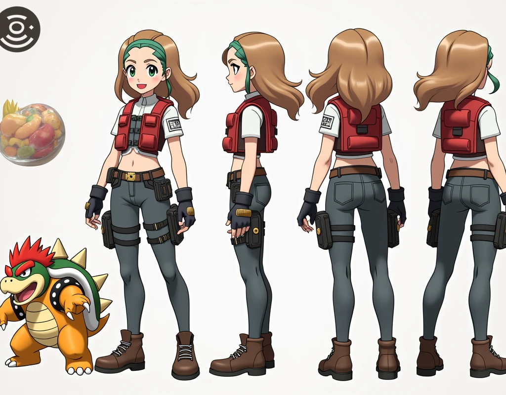 Sonia,pokemon,Standing Girl, cute, 1 girl, , 4-sided design, Diagonals, front, back, profile, Head to body ratio 5, character sheet, whole body, simple background, Four perspectives, tactical gear, bulletproof vest, Good quality, high detail, researcher,Pokemon bowser,ultra detailed, masterpiece, best quality, aesthetic, detailed