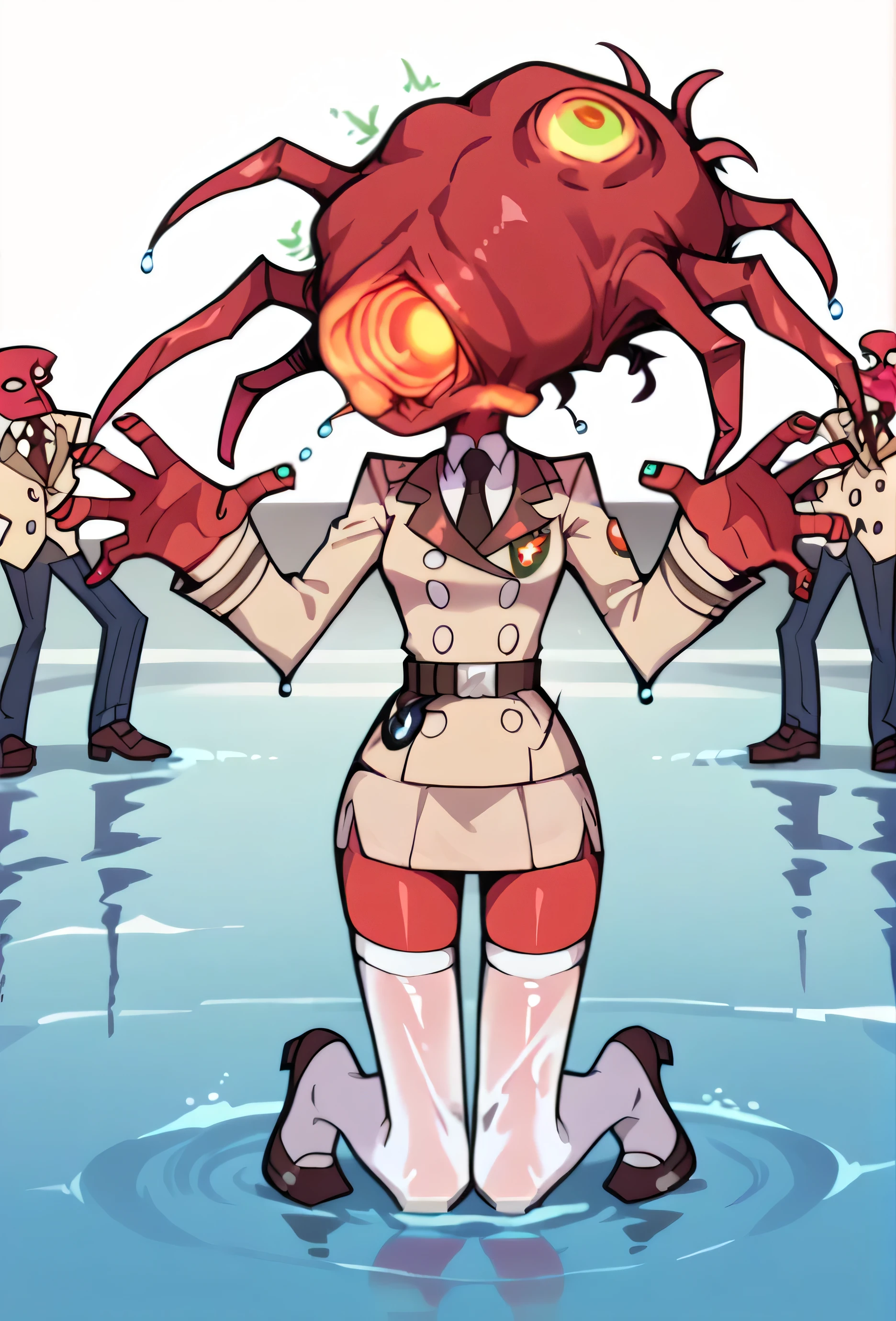 (nsfw:1), (Uncensored:1), p&s style, rating_safe, score_10, sharp, anime screencap, flat shadows, flat colors,1girl, 5 men, (full body:1.3), (cowboy shot), , anime screencap, flat shadows, flat colors, kneesocks, red skin, short, beige uniform, (((beige skirt suit))), necktie, (((miniskirt))), (((beige blazer))), (((brown lapel))), (((belt))), (((white thighhighs))), high heels, stilettos, shiny skin, oily skin, glossy clothing, drenched, soaked through outside, raining, soaked, wet, wet clothing, pinup pose, sexy, water droplets, front side view, kneeling, struggling, hands trying to pull parasite off head, hands reaching up to head, panicking, off balance, suffocating, 1 girl, neaparasite, neasex, glowing, monster, headless