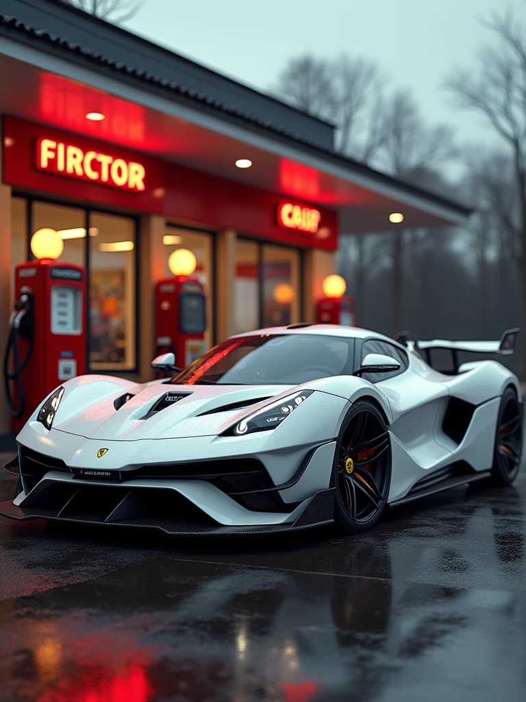 Fusion of white lamborghini and Ferrari F-40 classic parked in front of a gas station, highly detailed hyper real retro, vehicle photography, car photography, automotive photography, octane ray tracing, photo realistic octane render, auto photography, detailed cinematic photography, classic cars,noctane cgsociety, wide body, photo, vibrant