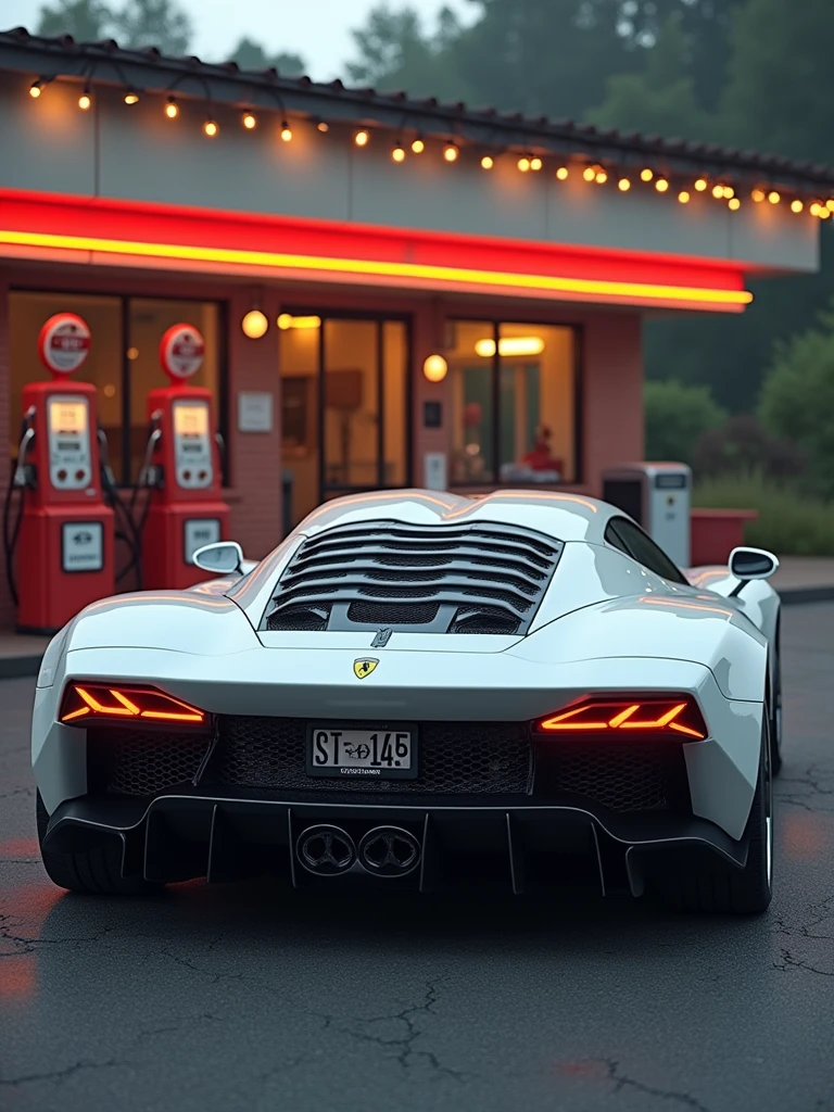Fusion of white lamborghini and Ferrari F-40 classic parked in front of a gas station, highly detailed hyper real retro, vehicle photography, car photography, automotive photography, octane ray tracing, photo realistic octane render, auto photography, detailed cinematic photography, classic cars,noctane cgsociety, wide body, photo, vibrant
