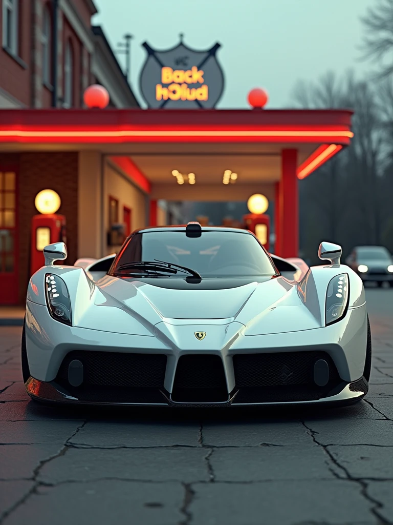 Fusion of white lamborghini and Ferrari F-40 classic parked in front of a gas station, highly detailed hyper real retro, vehicle photography, car photography, automotive photography, octane ray tracing, photo realistic octane render, auto photography, detailed cinematic photography, classic cars,noctane cgsociety, wide body, photo, vibrant