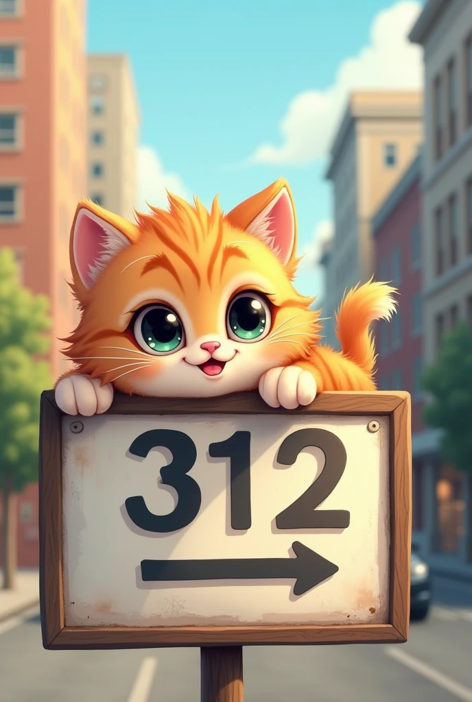 A super cute kitten lying on a sign that says 312，Smiling mouth，big round cute eyes