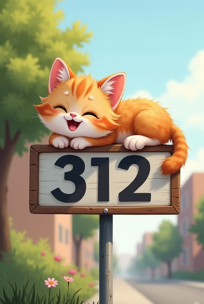 A super cute kitten lying on a sign that says 312,Smiling mouth,big round cute eyes
