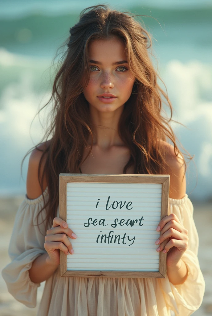 Beautiful girl with wavy long hair, bohemian dress, holding a white board with text "I Love Seaart Infinity" and showing it to the viewer