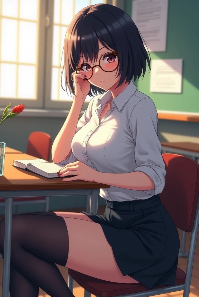 best quality, detailed), 1girl, solo, in classroom, sexy body, squinting, topaz, white shirt, black stockings, short black skirt, (horny face, ahegao face) glasses,Short hair,Sitting in the desk,ANIME ART,have a G cup breasts 