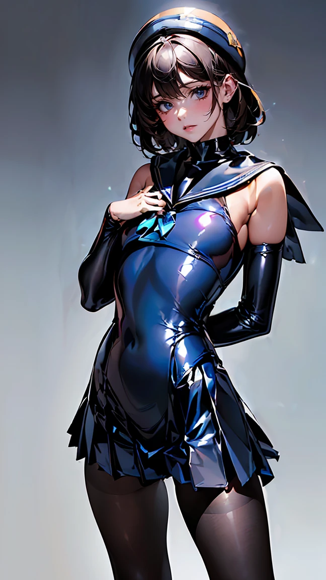 (((Ultra-clear resolution))), (((Highest quality))), (((Super shiny latex dress, tight, Light blue latex, Sailor collar, Sailor suit, Micro Pleated Skirt, Group photo, 6 Girls, High neck, Impossible chest, Black Pantyhose, No sleeve, See through))),