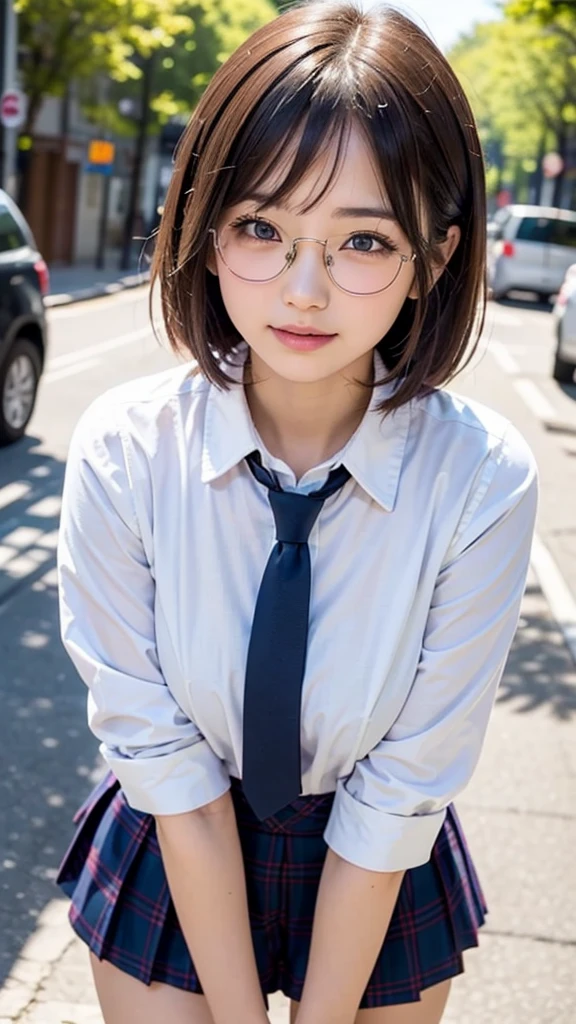 (RAW photo, best quality), (realistic, photo-realistic:1.2), a close up portrait photo,
1girl, shopping mall rooftop cafe, outdoor,
smile, (high detailed skin:1.4),
puffy eyes, gorgeous hair, air bangs, brown black hair,
white opaque shirt with bow tie, pure red pleated skirt,
soft lighting, high quality,((glasses))