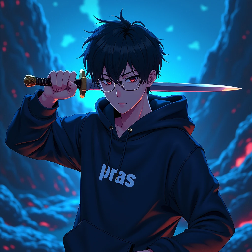Create a character anime, {{background: text: “GLBK”, darkness vulcano blue}},
realistic, HDR, use glasses, handsome, korean style, full body, use deagger, age 20, hoodie HD text: “PRAS”