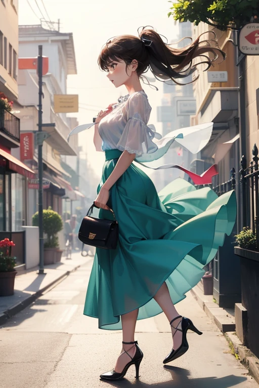 Top  Quality, 1girl, full body , from side ,(Hollow skin), (day), bright, blur background, outdoors, (Street:0.6), (hair:1.5), (Blouse:1.5), maxi skirt, red bottom high heels, superb, (Hair flotation:1.5), soft light, wind, garden, Street