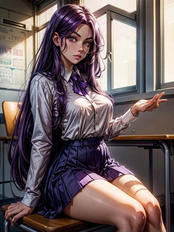 1girl, long midnight purple hair, golden light eyes, sit in class, white school modern uniform, anime