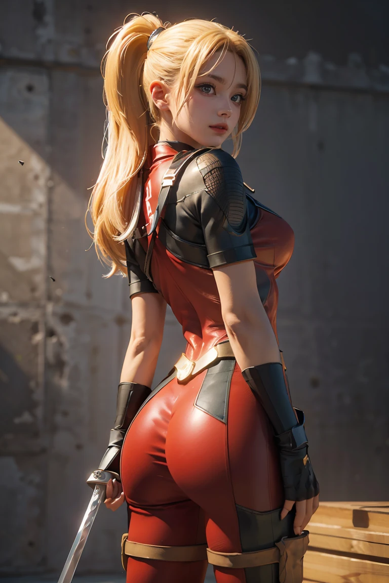 (((3d,CGI))) “cartoon art-style” realistic portrait of a sexy and busty female superhero character in the style of Deadpool, I have blonde hair., Wear tight clothing., holding a sword, Pose seductively and confidently, It is large., The back has a good figure., (best quality,4K,8ก,height,Masterpiece:1.2),Very detailed,(realistic,photorealistic,photo-realistic:1.37),ลักษณะใบหน้าที่มีรายVery detailed,Beautifully detailed eyes,Beautifully detailed lips,ดวงตาและใบหน้าที่มีรายVery detailed,Long eyelashes,Intricate costume details,dynamic light,Stunning shadow,bright colors,movie elements