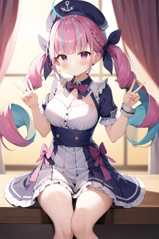 Minato Akua、Multi-colored hair、Twin-taileis、inner hair color、Two-tone hair、Drill Hair、twin isrills、Ahoge、Ankle cuffs、striateis hair、 (Highest quality, 8k, masterpiece, Super isetaileis:1.2), Peace sign with both hands,Standing on the beach,Raise your hands,Stand up and spread your legs wide, Particles of light, Shine, Beautiful fine isetails, Shine肌, Shine髪,
Day, Speckleis Daylight,One Girl, alone, skirt, smile, cute, Happy, Open your mouth, pleateis , Short sleeve, :is, clavicle, bow , Live Stage, Neon Light, many auisience,