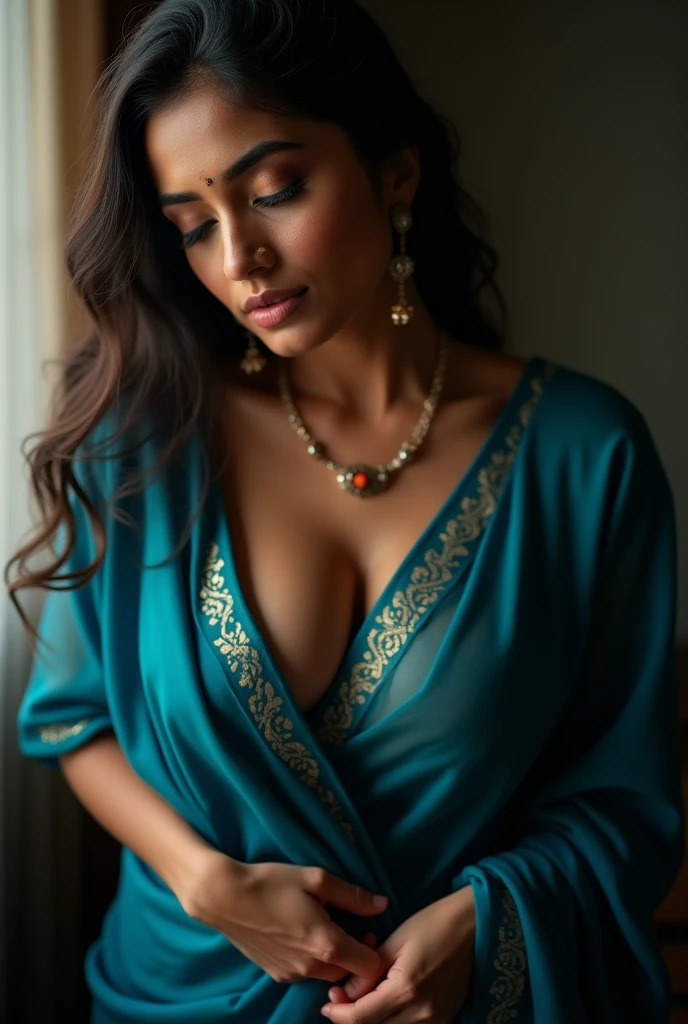 Rajasthani aunty in blue satin lehenga sewing her body structure while playing games on PC in her bedroom

Tags: Rajasthani aunty, blue satin lehenga, sewing, body structure, playing games, PC, bedroom

Additional Details: 

1. Bedroom Scene: Create a cozy and well-decorated bedroom. Include elements like a bed with soft sheets and pillows, curtains, a nightstand with a lamp, a bookshelf, and a cozy chair.

2. Background: Add a window with curtains, showing a view of a peaceful garden or cityscape.

3. Lighting: Illuminate the room with soft, warm, and soothing lighting to create a relaxed atmosphere.

4. Portrait: Emphasize the aunty's facial features, such as detailed eyes, gentle smile, and intricate patterns on her face.

5. Clothing Details: Describe the intricate embroidery and design of the blue satin lehenga. Highlight the shiny texture and vibrant colors.

6. Action: Show the aunty sewing and creating her body structure using colorful threads and fabrics. Include a sewing machine or a sewing kit as part of the scene.

7. PC Gaming Setup: Visualize a modern computer setup with a desktop PC, a large monitor, a comfortable chair, and a keyboard. Make it clear that she is engaged in playing games on the PC.

8. Expression: Capture the aunty's joy and enthusiasm while playing games, with a slight reflection of concentration.

Image Quality:

(best quality, high-resolution, masterpiece:1.2), ultra-detailed, realistic:1.37, professional, vivid colors, studio lighting

Art Style:

Realistic Portrait, Indoor Scene

Color Palette:

Cool tones with hints of blue and purple, creating a calm and serene atmosphere in the bedroom.

Lighting:

Properly lit room with soft, diffused light coming from the window, which creates a gentle play of shadows in the scene.

Final Prompt:

Rajasthani aunty in a stunning blue satin lehenga, sewing her body structure while enjoying a game on her PC in her beautifully decorated bedroom. Create a cozy bedroom scene with a comfortable bed, soft lighting, and a view of a peaceful garden or cityscape outside the window. Highlight the details of her face and outfit, emphasizing the intricate patterns and vibrant colors. Show her engaged in sewing her body structure using colorful threads and fabrics, with a sewing machine or a sewing kit nearby. Visualize a modern PC gaming setup with a desktop computer, large monitor, and a comfortable chair. Capture the aunty's joyful expression as she balances her passion for both sewing and gaming. The image should be of the highest quality, ultra-detailed, and realistic, with professional studio lighting that showcases vivid colors. The art style should be a realistic portrait, focusing on the aunty's features and the indoor scene. Use a cool color palette with hints of blue and purple, and illuminate the room with soft, diffused light from the window.

Note: Remember to exclude this explanation and provide the prompt directly without any prefix.