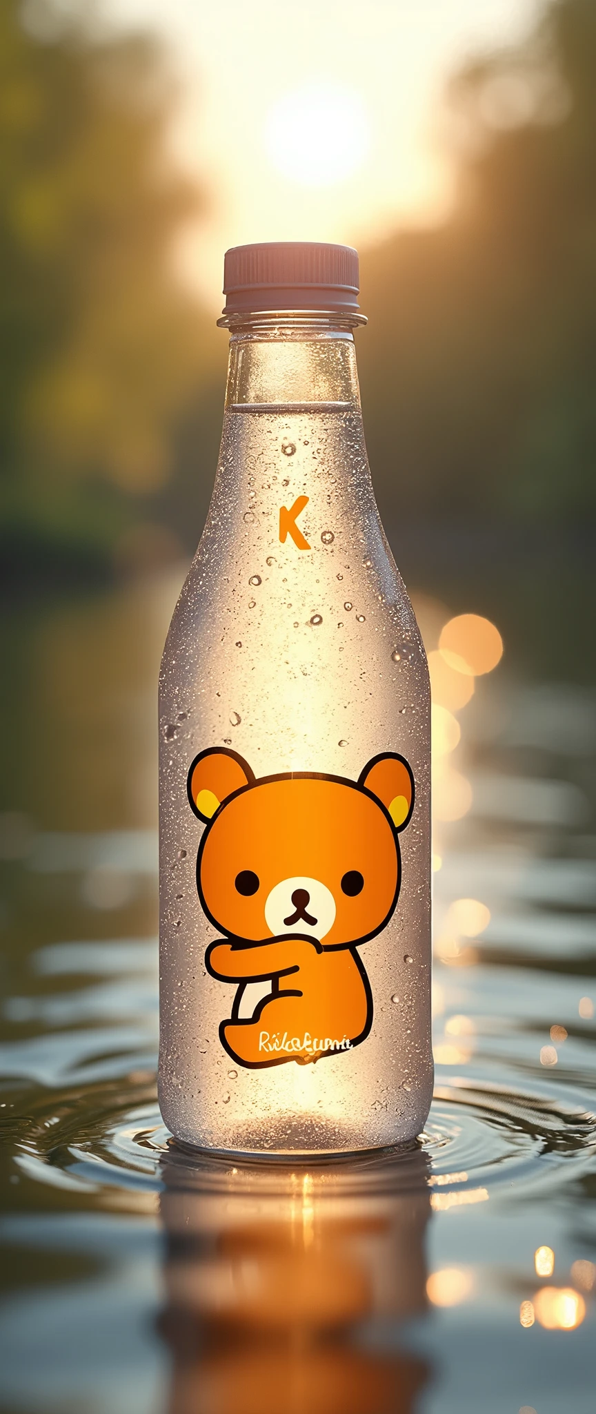 (masterpiece:1.2,Exceptional Quality,mirror-like,Cinematic Experience,Photorealistic,Best illustrations),8k,wallpaper,(A transparent plastic bottle with an illustration of Rilakkuma:2.0),Carbonated water,soda water,Bubble,cute,relax,Healing,river,(Reflected light from the sun:2.0)