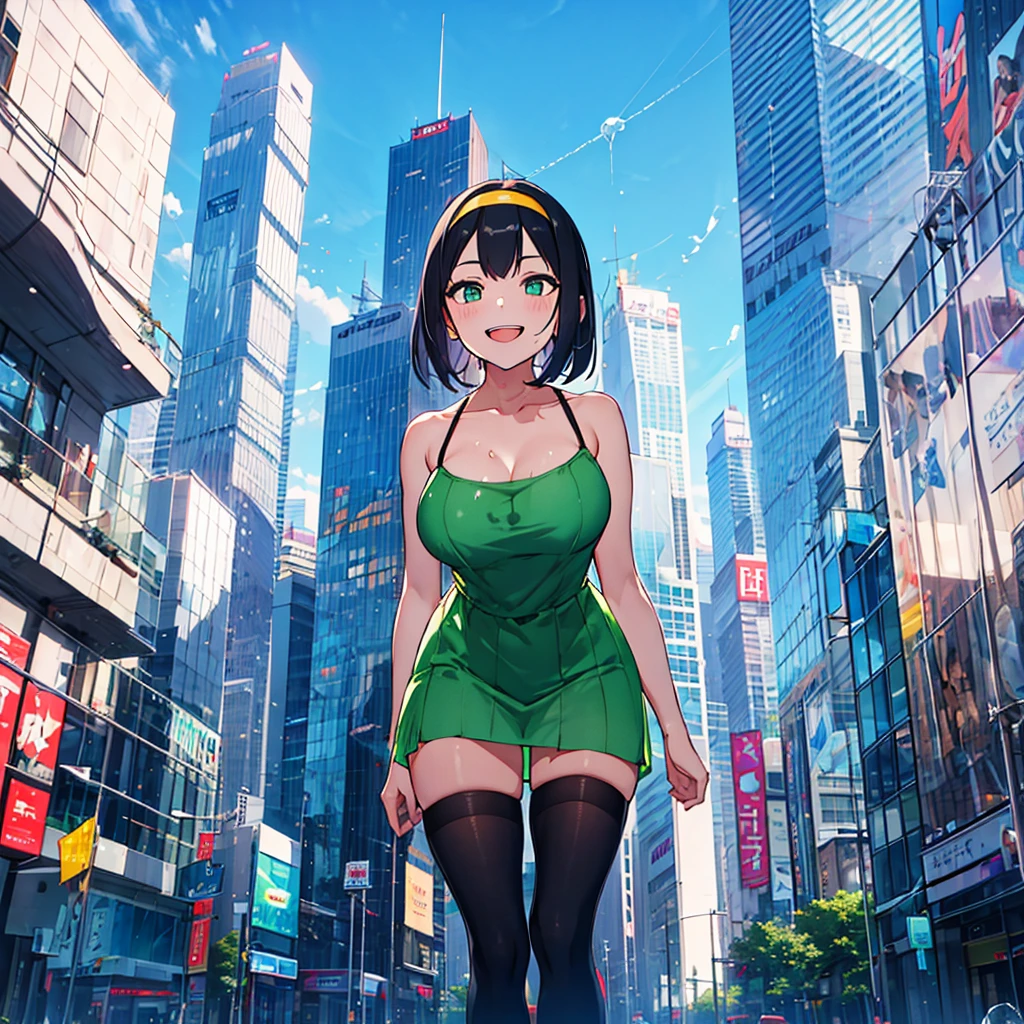 (solo), (1 skinny girl standing), arms behind back, swaying back, (tight-fit black thighhighs), collarbone, BREAK, (yellow hairband), green sheer dress with shoulder straps, (shoulderless white shirts under dress:1.2), glass-walled skyscrapers in distance, BREAK, (long skinny legs), huge breasts, BREAK, (forced smile:1.3), (dripping tires:1.3), (disappeared), open mouth, orgasm, nsfw, pussy juice dripping down between thighs